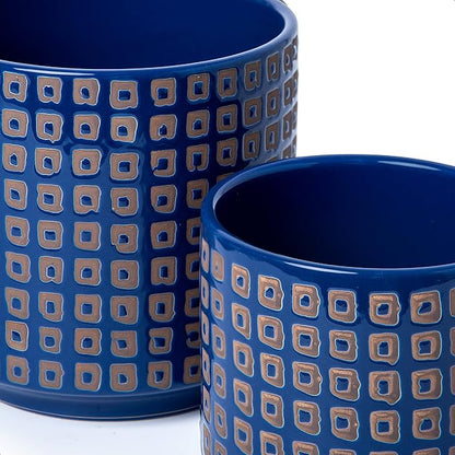D'vine Dev Set of 2 Ceramic Planter Pots with Drainage Hole and Saucer, 4.5 Inch 6 Inch Plant Pots for Indoor Houseplants, Blue, 99-A-6