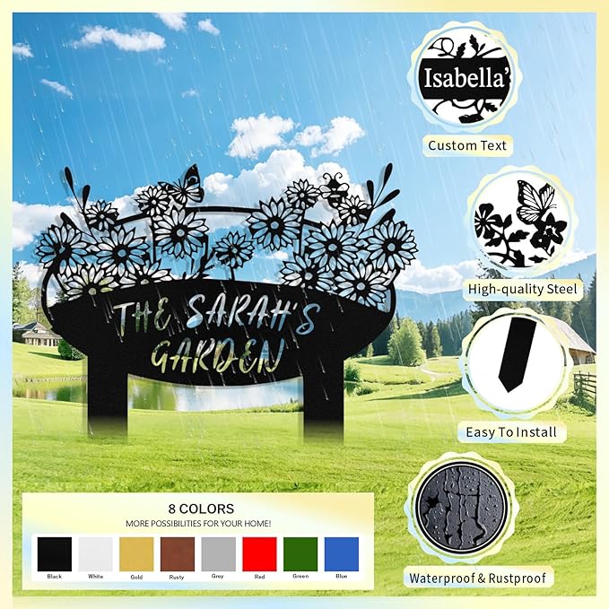 Custom Metal Flower Garden Sign with Stake, Personalized Garden Signs for Outside, Customized Garden Name Signs for Yard Lawn Outdoor Decor Gardening Gifts for Moms Grandmas Gardeners