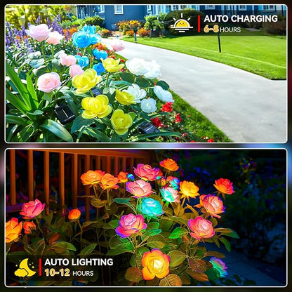 Solar Garden Lights Outdoor, 4 Pack Solar Light Outdoor with 20 Rose Flowers, Waterproof 7 Color Changing Solar Powered Flowers Lights for Outside Patio Yard Pathway