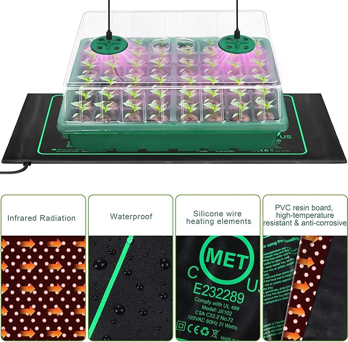 Seed Starter Kit with Grow Light Seedling Heat Mat 48 Cells Seed Starter Tray with Humidity Dome and Base Germination Trays Plastic Growing Trays Plant Propagation Kit for Seed Starting, Green