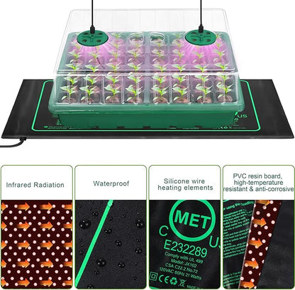 Seed Starter Kit with Grow Light Seedling Heat Mat 48 Cells Seed Starter Tray with Humidity Dome and Base Germination Trays Plastic Growing Trays Plant Propagation Kit for Seed Starting, Green