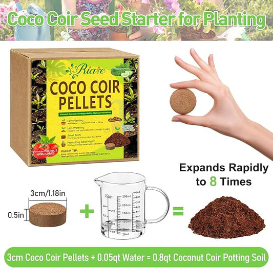 Riare 100 Pcs 30mm Organic Coco Coir Seed Starter Soil, Compressed Coconut Coir Potting Soil Mix for Seed Starting, Coconut Fiber Pellet for Planting Indoor & Outdoor Plants, Vegetables, Garden