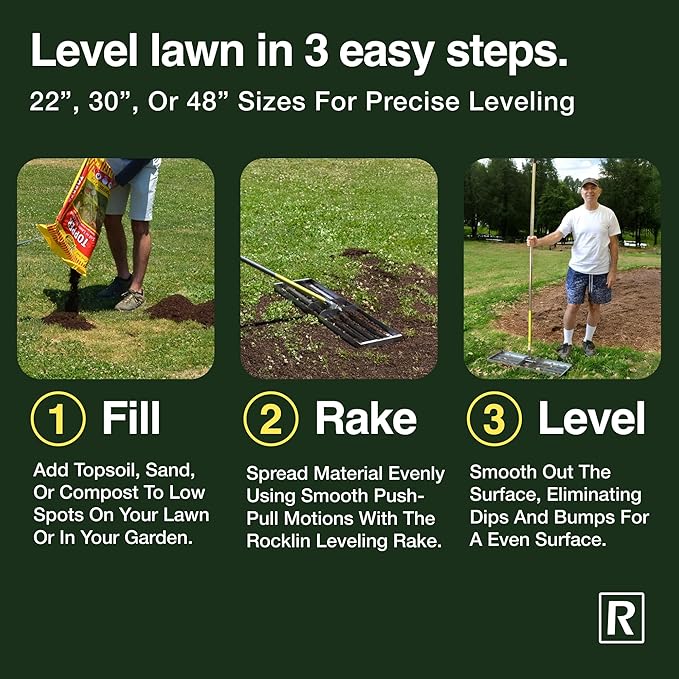 Rocklin™ Lawn Leveling Rake | Stainless Steel Surface Leveling Tool | Level Soil or Dirt Ground Surfaces Easily | 30” x 10” Ground Plate | 78” Extra Long Handle