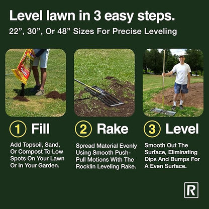 Rocklin™ Lawn Leveling Rake |Stainless Steel Surface Leveling Tool | Level Soil or Dirt Ground Surfaces Easily | 48” x 10” Ground Plate | 78” Extra Long Handle