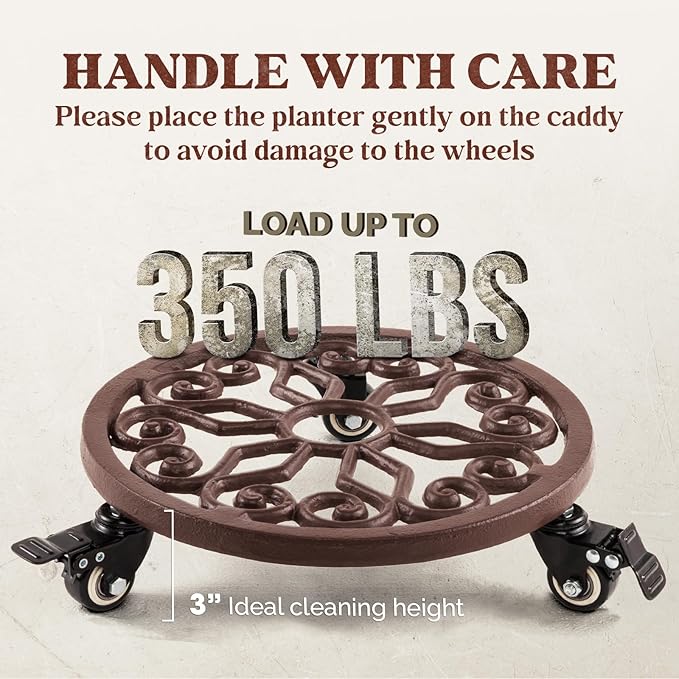 Idzo Heavy Duty Trolley Capacity 350 lbs Planter Caddies with Wheels Heavy Duty Cast Iron Plant Stand with Lockable Wheels Plant Stand 12 Inch Simple Style Dark Brown