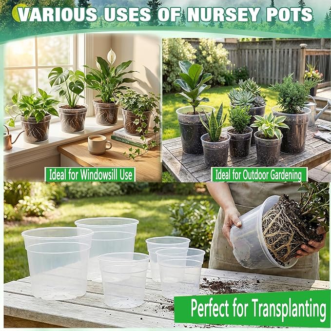 8/10 Inch Large Clear Nursery Pots with Drainage, 6 Pack Acrylic Plant Pots, 90% Light Transparency, Reusable for Flowers and Orchids, Indoor Outdoor Use, A Must-Have for Plant Lovers