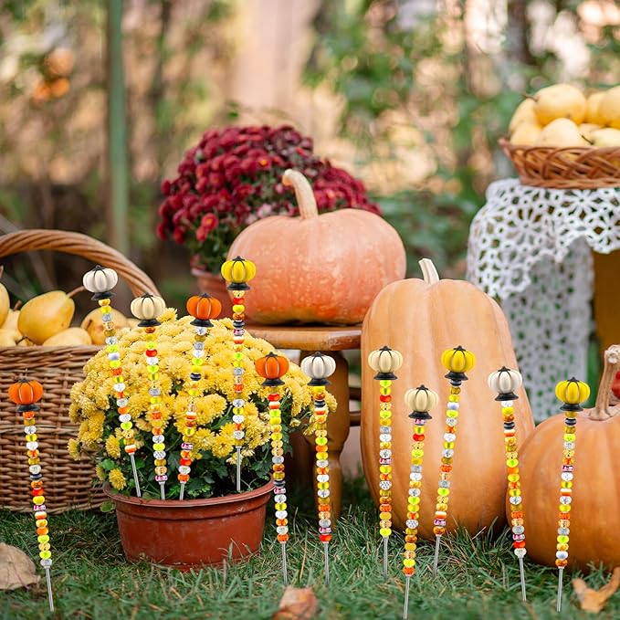 Tigeen 236 Pcs Garden Stake DIY Fairy Wand Plant Stake with 12 Colorful Crystal Stopper Top 12 Threaded Rod with 200 Large Hole Bead for Spring Summer Holiday Outdoor Decorations(Autumn Pumpkin)