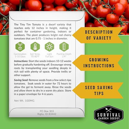 Cherry Tomato Seeds for Planting – 5 Variety Pack with Tiny Tim, Black Cherry, Yellow Pear, Large Red & Orange | Heirloom Non-GMO Patio & Container Tomatoes – Survival Garden Seeds