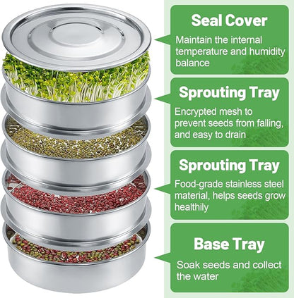 Stainless Steel Seed Sprouting Kit - 4-tier Microgreens Growing Tray 6in Dia, Stackable Round Seed Sprouter Maker with Encrypted Mesh, Sprouts Grower for Beans Broccoli Alfalfa Seeds Wheat Grass