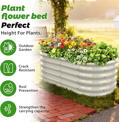 17" Tall Outdoor Garden Raised Garden Bed Kits, 4ft X 2ft Oval,0.8MM Thick Metal Raised Planter Bed/Ground Planter Box for Variety of Flowers,Herbs,Vegetables (Cream White, 48X24X16.5 Inches)
