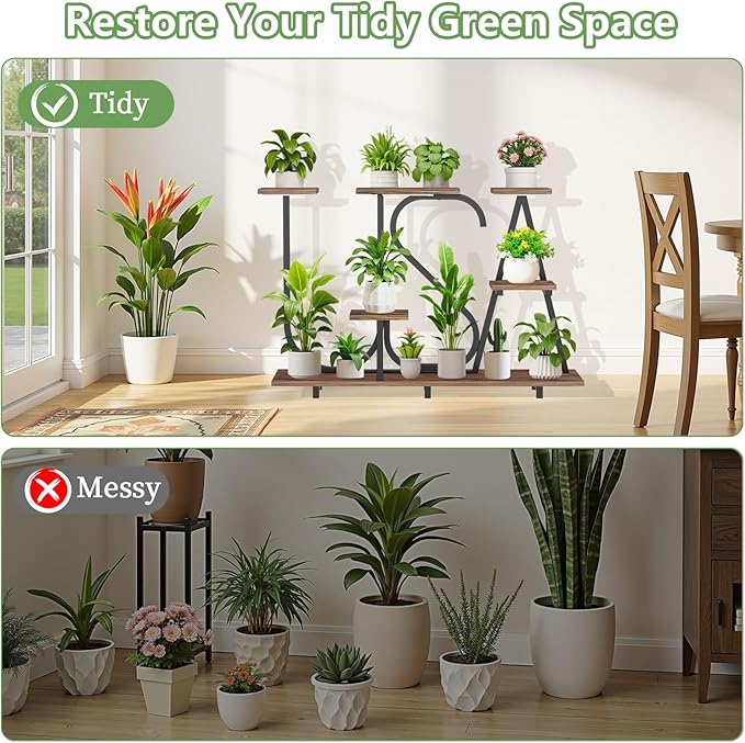 Plant Stand Indoor with Grow Lights - Enlarged 6 Tiered Plant Shelf with Grow Light, 32" USA-Shaped Plant Stand Holds 12 POTS Indoor Plants, Metal Plant Shelf for Home, Living Room, Patio