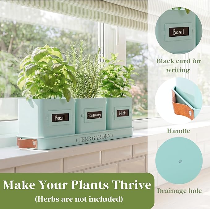 PERFNIQUE Indoor Herb Garden, Herb Planter Set with Tray, Farmhouse Indoor Plant Pots, Windowsill Herb Garden with Drainage(Planter only) for Indoor/Outdoor, Window Pots (Mint)