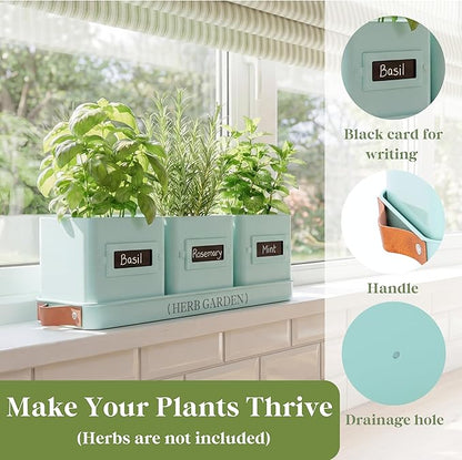 PERFNIQUE Indoor Herb Garden, Herb Planter Set with Tray, Farmhouse Indoor Plant Pots, Windowsill Herb Garden with Drainage(Planter only) for Indoor/Outdoor, Window Pots (Mint)