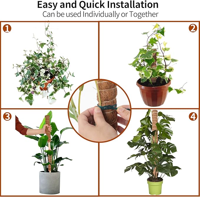 Kikhope Moss Pole Monstera Plants Support,4 Pack 15.7 Inch Coir Totem Poles, Plant Support Stakes, Plant Sticks, Coir Moss Stick for Indoor Potted Plants Train Creeper Plants Grow Upwards