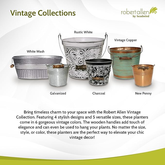 Headwind Vintage Collection - Floral Galvanized Planter with Handles – 8 Inch Medium Flower Pots Decorative Plant Indoor – Plant Pots Indoor with Drainage by Robert Allen