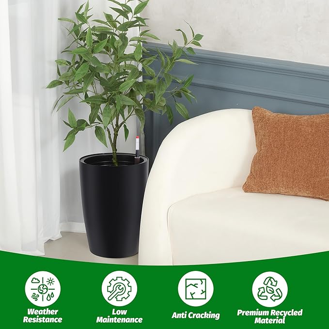 GarveeLife Set of 2 Tall Planters for Outdoor Plants, 16in Large Planters for Outdoor Indoor Plants with Water Level Monitor ＆ Inner Bucket, Automatic Watering, for Porch, Patio, Backyard（Black,Large）