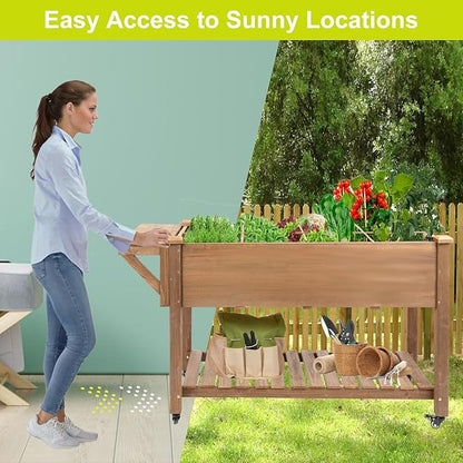 Raised Garden Bed,Herb Garden Planter Outdoor with Lockable Wheels, Storage Shelf, Protective Liner, for Herbs, Vegetables, Flowers,Outdoor Patio, Deck, Balcony，55.5x24x32 in