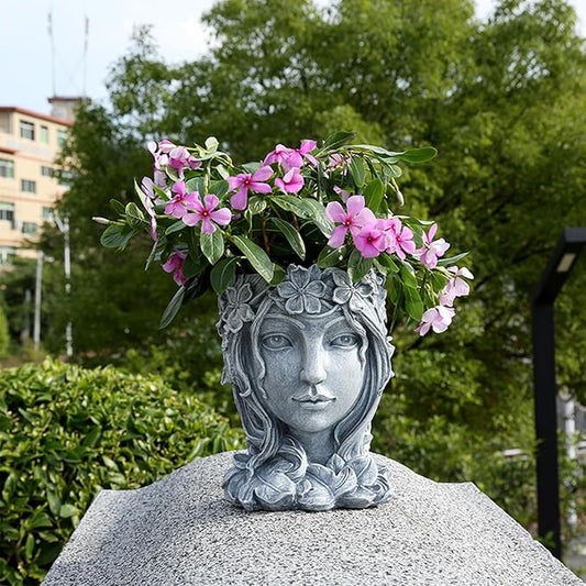 Face Flower Pot Head Planter with Drainage Hole,Cute Resin Goddess Face Planters Pots Opend Eyes (Goddess Gray(Large))