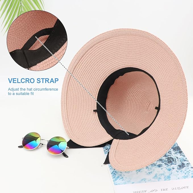 DRESHOW Sun Hats for Women Travel Fedora Foldable Beach Sun Hat Summer Wide Brim Straw Bucket Hat with Bowknot UPF 50+