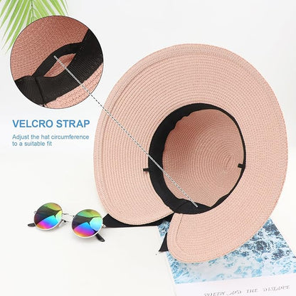 DRESHOW Sun Hats for Women Travel Fedora Foldable Beach Sun Hat Summer Wide Brim Straw Bucket Hat with Bowknot UPF 50+