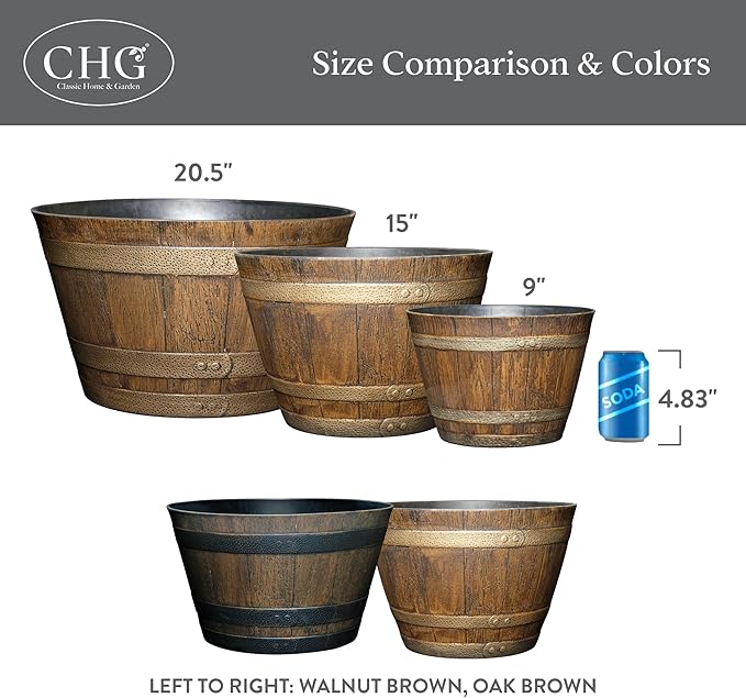 Classic Home and Garden Whiskey Barrel Planters - Home Flower Planter Pot - Decorative Garden Pots - Indoor & Outdoor Resin Planters - Weather-Resistant Planting Pots (15" Oak Brown, Pack of 1)