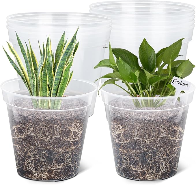 GREANER 10 Inch Nursery Pots, Clear Reinforced Plant Nursery Pots, High Transparency Flower Plant Container with 20 Plant Labels for Flowers, Seeds, Succulents, Vegetables(10PCS)