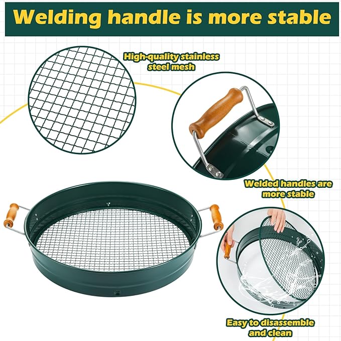 Soil Sifter for Gardening with 1, 3, 6, 9, 12 mm Sieve Mesh Compost Dirt Sifter with Handle Large Garden Sand Soil Rock Sieve 17.7" l x 13.8" W for Sand Rocks Pellet Gravel (Green)