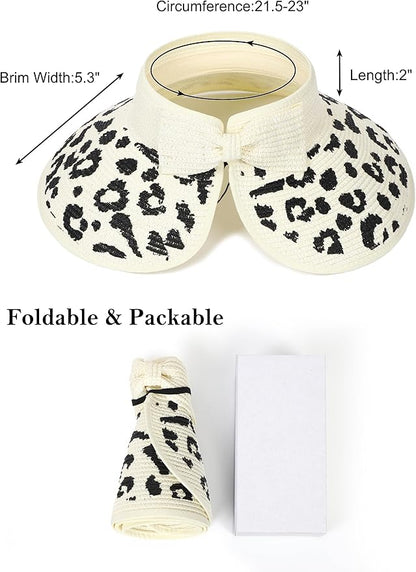 Womens Beach Straw Sun Hats Ponytail Hole Wide Brim Summer Visor Foldable Hat Sun Protection Packable for Travel Pool