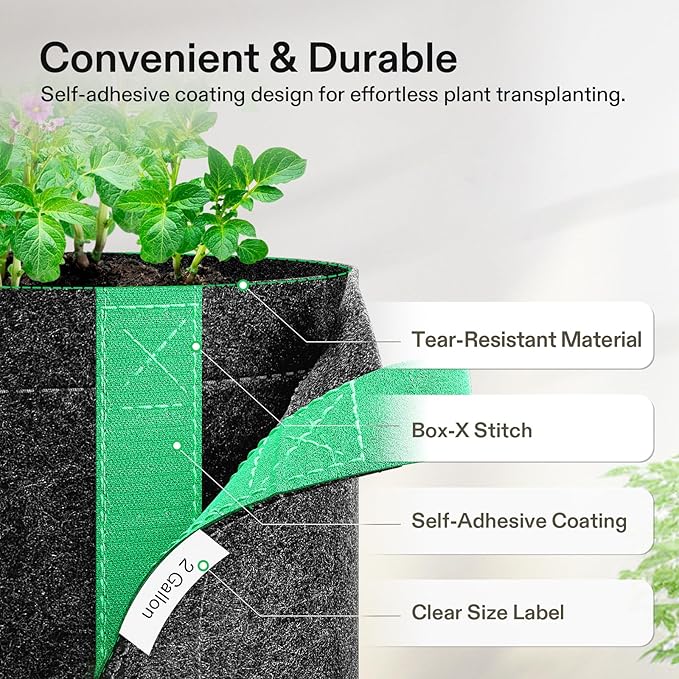 VIVOSUN 5-Pack 2 Gallon Grow Bags, Fabric Pots with Self-Adhesion Sides for Transplanting