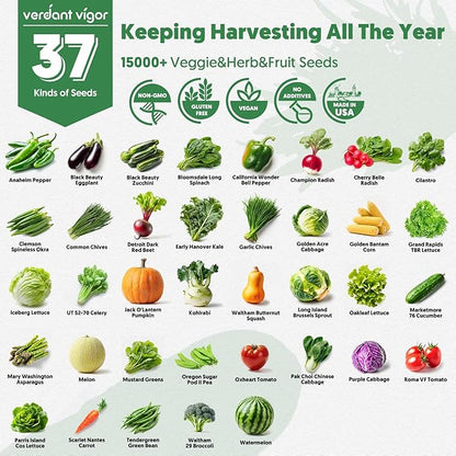 37 Varieties Vegetable Seeds Kit, 20,000+ Non-GMO USA Sourced Heirloom Seeds for All Seasons Planting, Easy for Indoor Outdoor Gardening