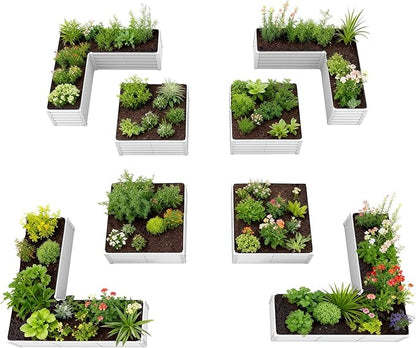 A ANLEOLIFE 8-Piece 18 Inch Tall Antique White Raised Garden Beds Kit, L-Shaped & Square Metal Planters – Ideal for Structured Backyard Layouts