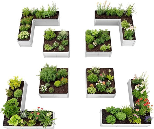 A ANLEOLIFE 8-Piece 18 Inch Tall Antique White Raised Garden Beds Kit, L-Shaped & Square Metal Planters – Ideal for Structured Backyard Layouts