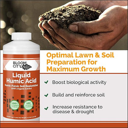 Organic Liquid Humic Soil Health Formula, Great for Houseplants, Gardens and Lawns, by Bloom City, 1/2 Pint (8 oz) Concentrated Makes 30+ Gallons