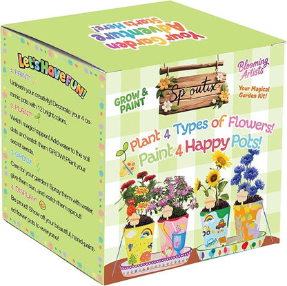 Paint & Plant Flower Growing Kit, Complete Gardening Set with 4 Ceramic Pots, Soils, Seeds and Other Tools, Ideal for Educational Arts and Crafts DIY Gift