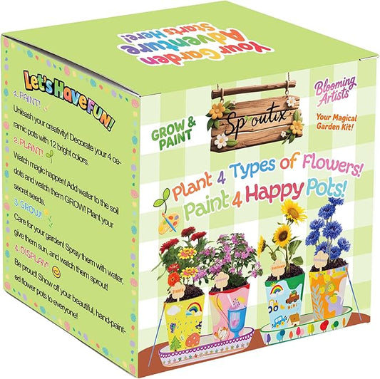 Paint & Plant Flower Growing Kit, Complete Gardening Set with 4 Ceramic Pots, Soils, Seeds and Other Tools, Ideal for Educational Arts and Crafts DIY Gift