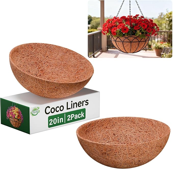 Halatool 2 Pack 20 Inch Coconut Liners for Planters 100% Natural Hanging Basket Liners Round Coco Coir Liner for Balcony Garden Patio Porch Home Decor