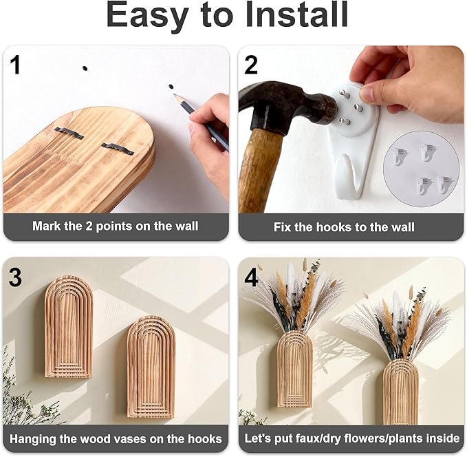 DREAMLOOM 2 Pack Wooden Wall Vases with Dried Pampas Grass and Eucalyptus Plants, Wall Hanging Planters Boho Modern Farmhouse Indoor for Narrow Spaces Entryway Bathroom Home Office Decoration, Brown