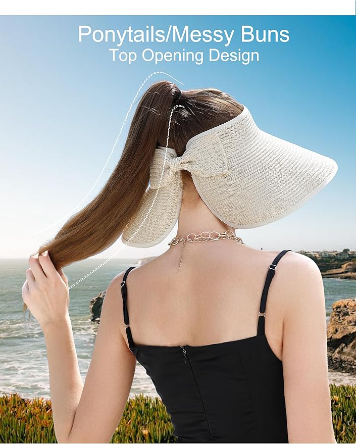 Womens Beach Straw Sun Hats Ponytail Hole Wide Brim Summer Visor Foldable Hat Sun Protection Packable for Travel Pool