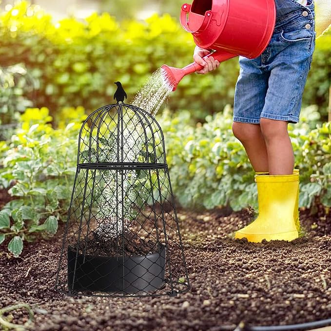 (6 Packs) 13" D x 20" H Garden Cloches for Plants, Rustproof Plant Cloche and Cover, Large Wire Plant Protectors from Animals, Split-Design Metal Plant Cloche with Collapsible Stakes, Black