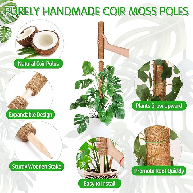4 Pack 21.7" Coco Coir Poles, Stackable Plant Stakes Moss Pole for Plant Monstera with Twist Ties Plant Ties Labels Jute Rope, Plant Sticks Support for Climbing Plants Growth Indoor