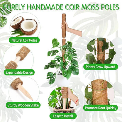 4 Pack 21.7" Coco Coir Poles, Stackable Plant Stakes Moss Pole for Plant Monstera with Twist Ties Plant Ties Labels Jute Rope, Plant Sticks Support for Climbing Plants Growth Indoor