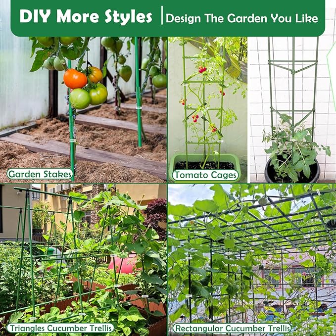 Cludoo 342PCS Garden Stakes Set with 100 Sets Fiberglass Plant Stakes Sticks Supports and Accessories, DIY 4ft 5ft 6ft 7ft Tomato Stakes for Tomato,Vegetables, Pepper, Indoor Outdoor Spring Plants