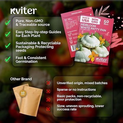 KVITER 50 White Patty Pan Squash Seeds (Cucurbita Pepo) – Scallops Bush Summer Squash Seed Packets for Vegetable Garden – Non GMO Heirloom Vegetable Seeds for Planting Outdoors, Home Garden
