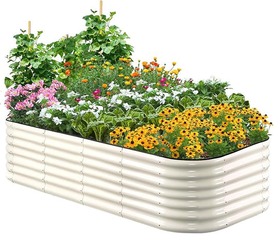Quictent Galvanized Raised Garden Bed Kit, 6x3x2 ft Oval Metal Planter Box Tall for Vegetables Outdoor Backyard, Strengthened by Crossbar, Beige