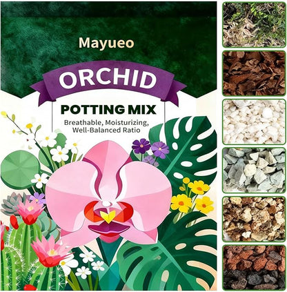 Organic Orchid Potting Mix, Mixture of Perlite, Pine Bark, Volcanic Rock, Coconut Coir, Pine Needle Soil, and 7 Other Components+Orchid Sphagnum Moss (5 QT)