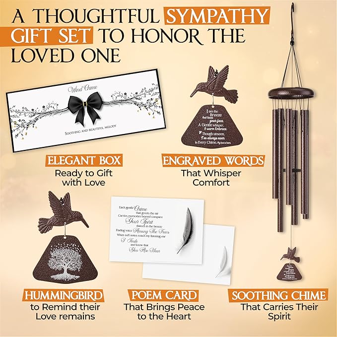 32 Inch Hummingbird Memorial Wind Chimes Outdoor, Sympathy Gifts for Loss of Loved One, Memorial Gifts for Loss of Mom, Sympathy Wind Chimes for Mother, Father, Brother, Sister