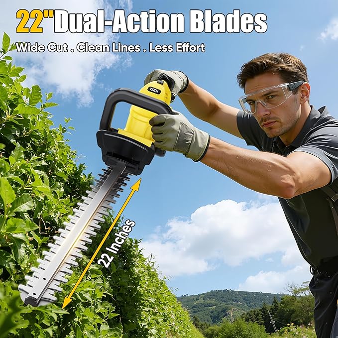 22'' Cordless Hedge Trimmer - 2x4.0AH Batteries & Charger, SK5 Dual-Action Blade Hedge Clippers Handheld, 180° Rotating Handle, 4.1Lbs Electric Hedge Trimmer for Yard/Garden