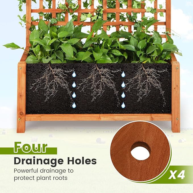 HAPPYGRILL 2 Pcs Raised Garden Bed, 72.5" Garden Planter with Trellis, Drainage Holes, Freestanding Garden Planter for Vine Climbing Plants, Wooden Planter Box for Yard Balcony
