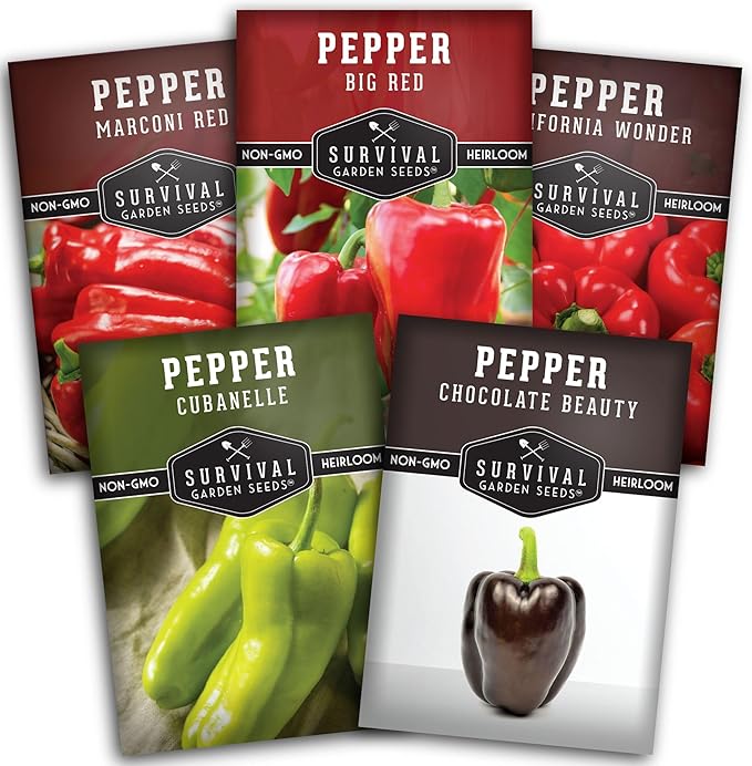 Sweet Pepper Collection – 5 Variety Pack | California Wonder, Marconi Red, Cubanelle, Chocolate Beauty & Big Red | Heirloom Non‑GMO Bell Peppers for Planting – Survival Garden Seeds