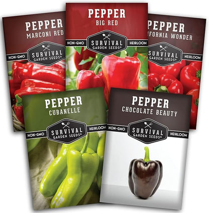 Sweet Pepper Collection – 5 Variety Pack | California Wonder, Marconi Red, Cubanelle, Chocolate Beauty & Big Red | Heirloom Non‑GMO Bell Peppers for Planting – Survival Garden Seeds